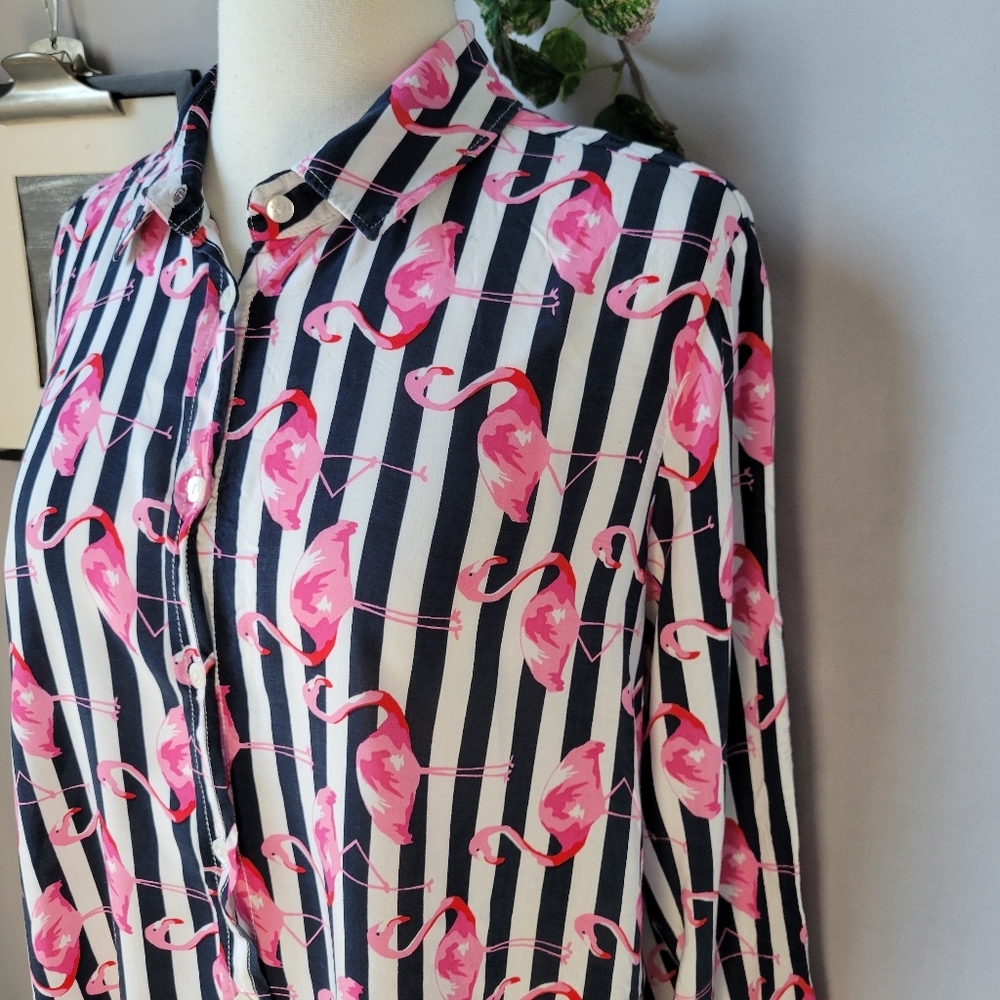 Milano Italy Flamingo Novelty Print Stripe Button Up Shirt 42 or L - Picture 9 of 14